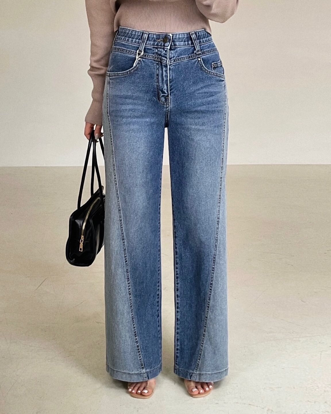 ♡拼接刷色牛仔寬褲♡ (C251154)