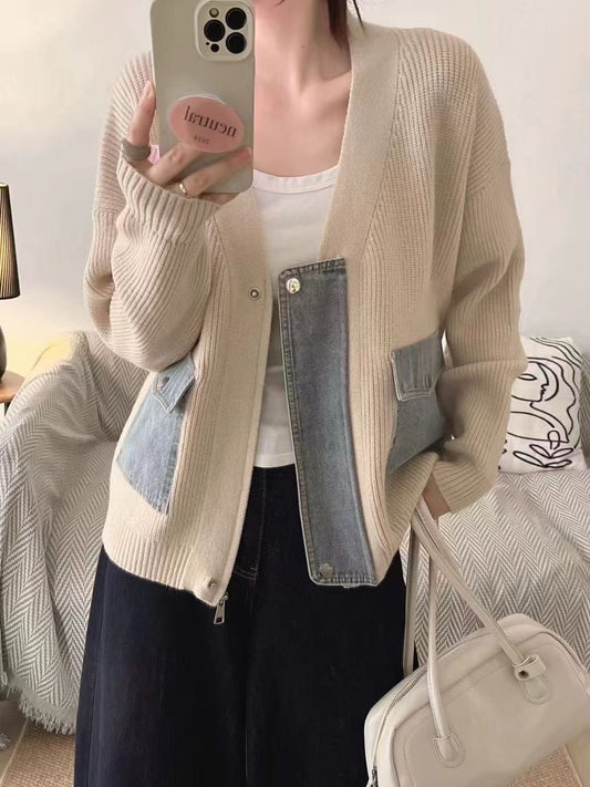 ♡Denim Chic 拼接針織開襟外套♡ (C250908)