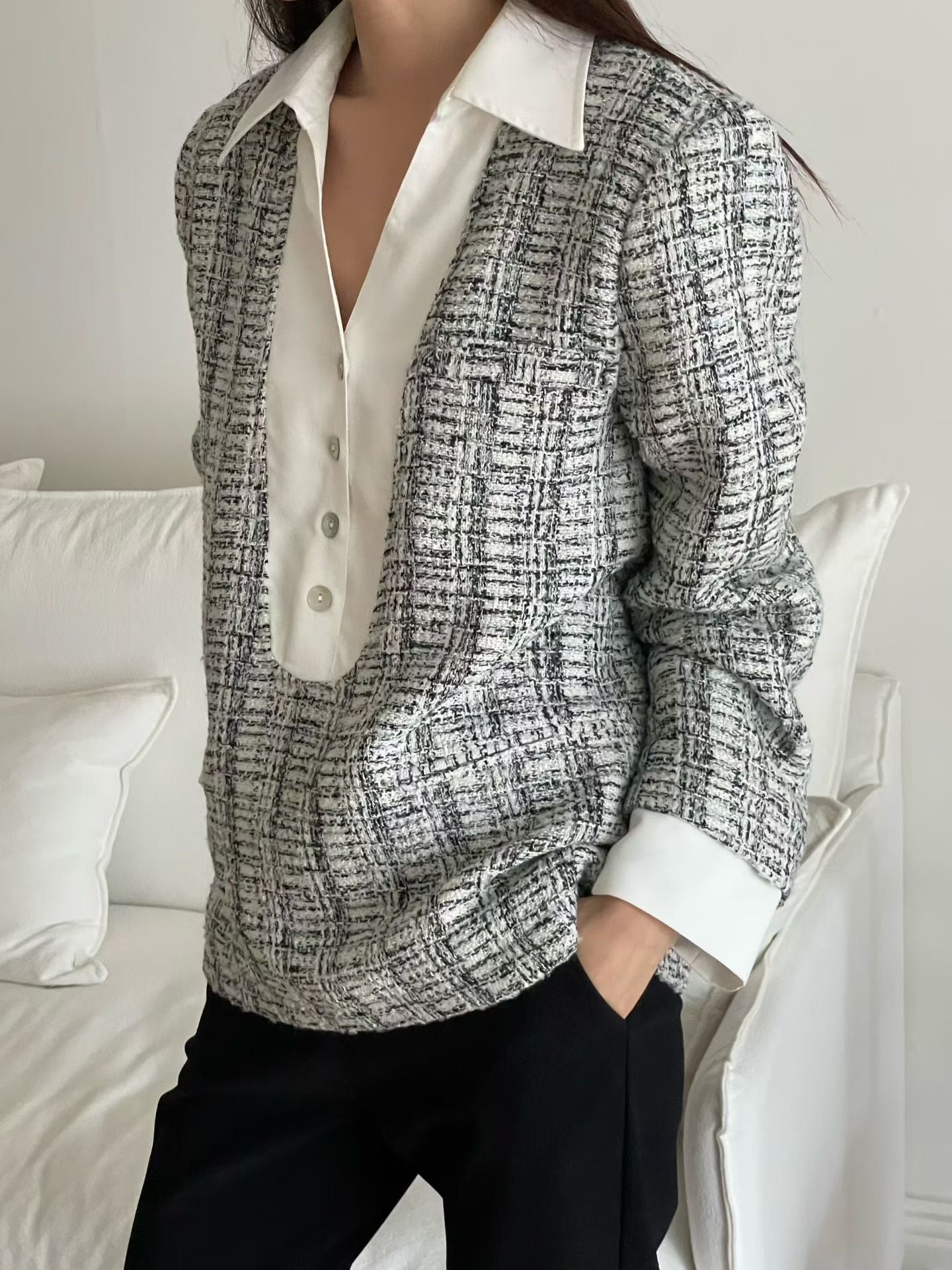 ♡小香風雙材質襯衫針織上衣♡ (C251124)