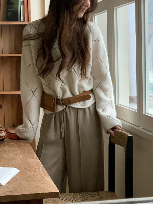 ♡氣質Oni家♡慵懶圓領簍空菱格毛衣 (C251134)