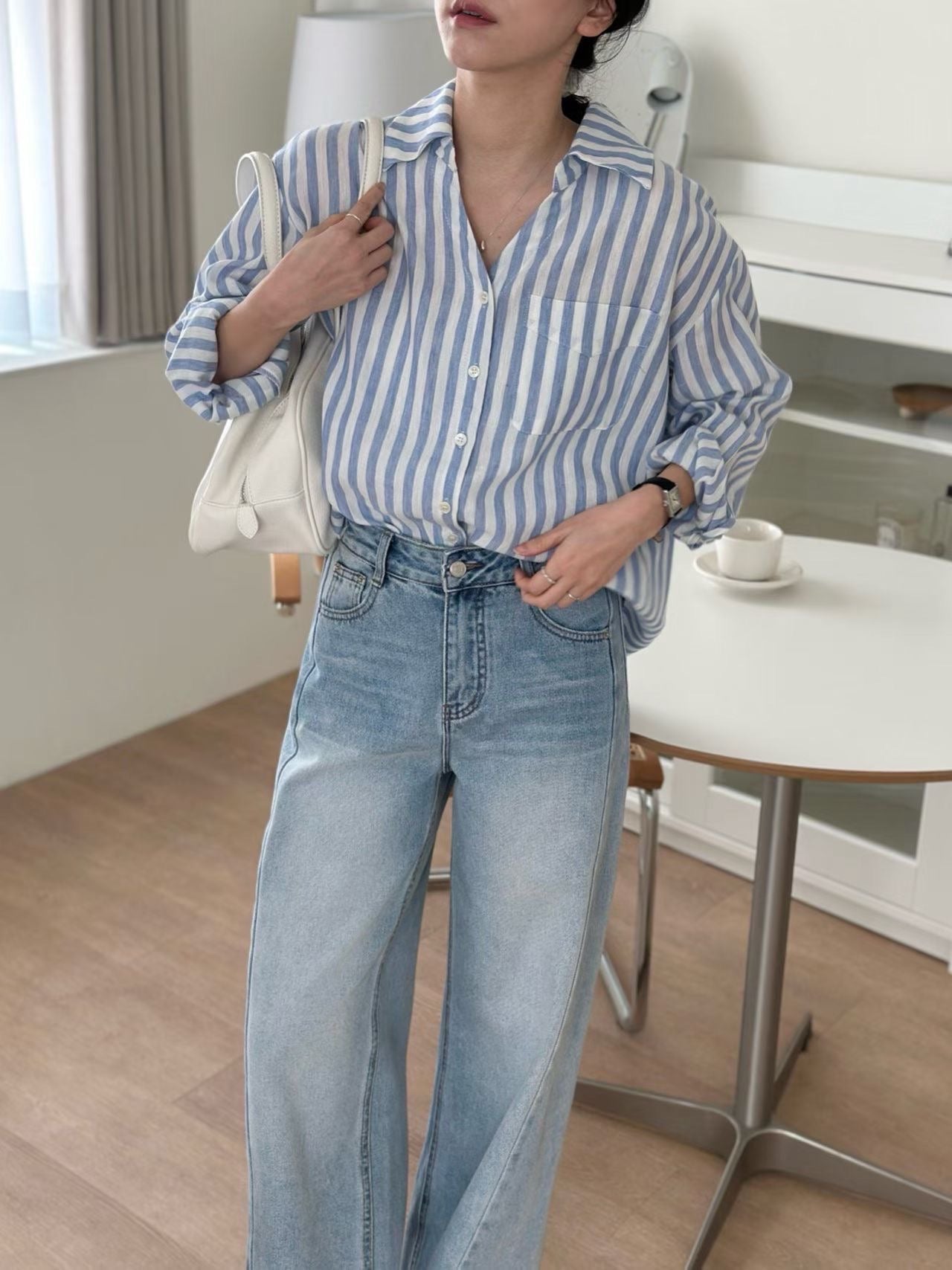 ♡法式清晨藍調條紋襯衫♡ (C260349)