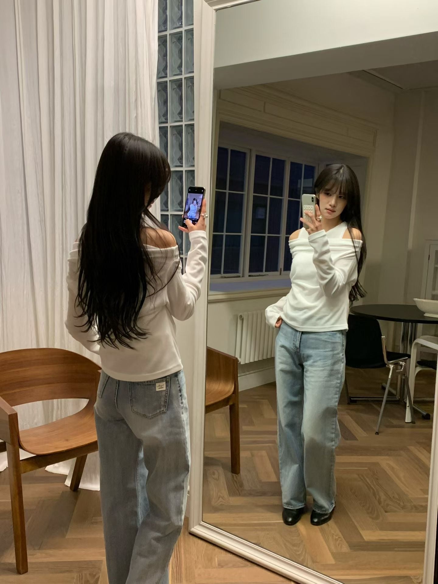 ♡小性感假兩件垂領露肩長袖上衣♡ (C260322)