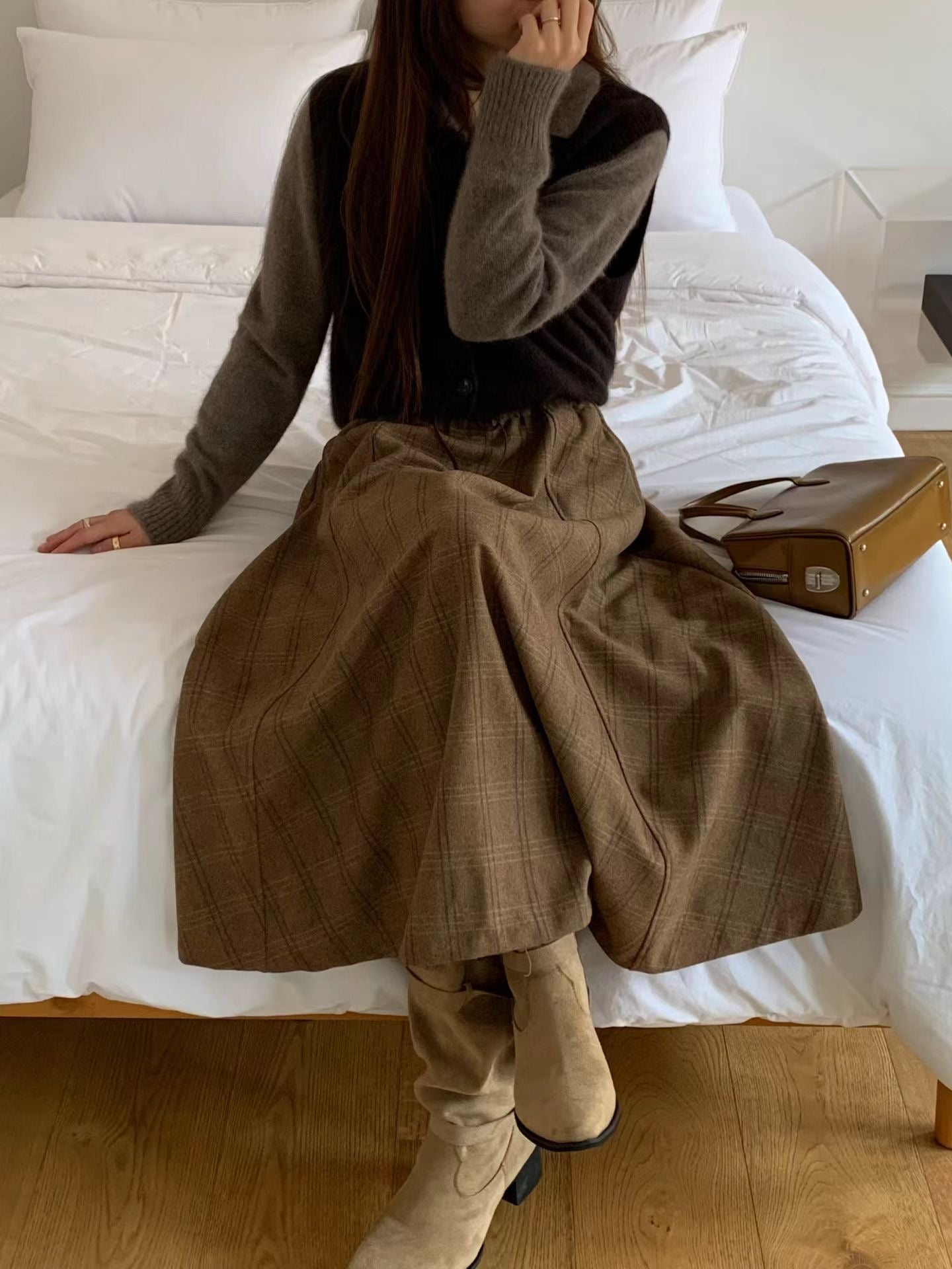 ♡氣質Oni家♡英倫格紋抽繩羊毛裙 (C251137)