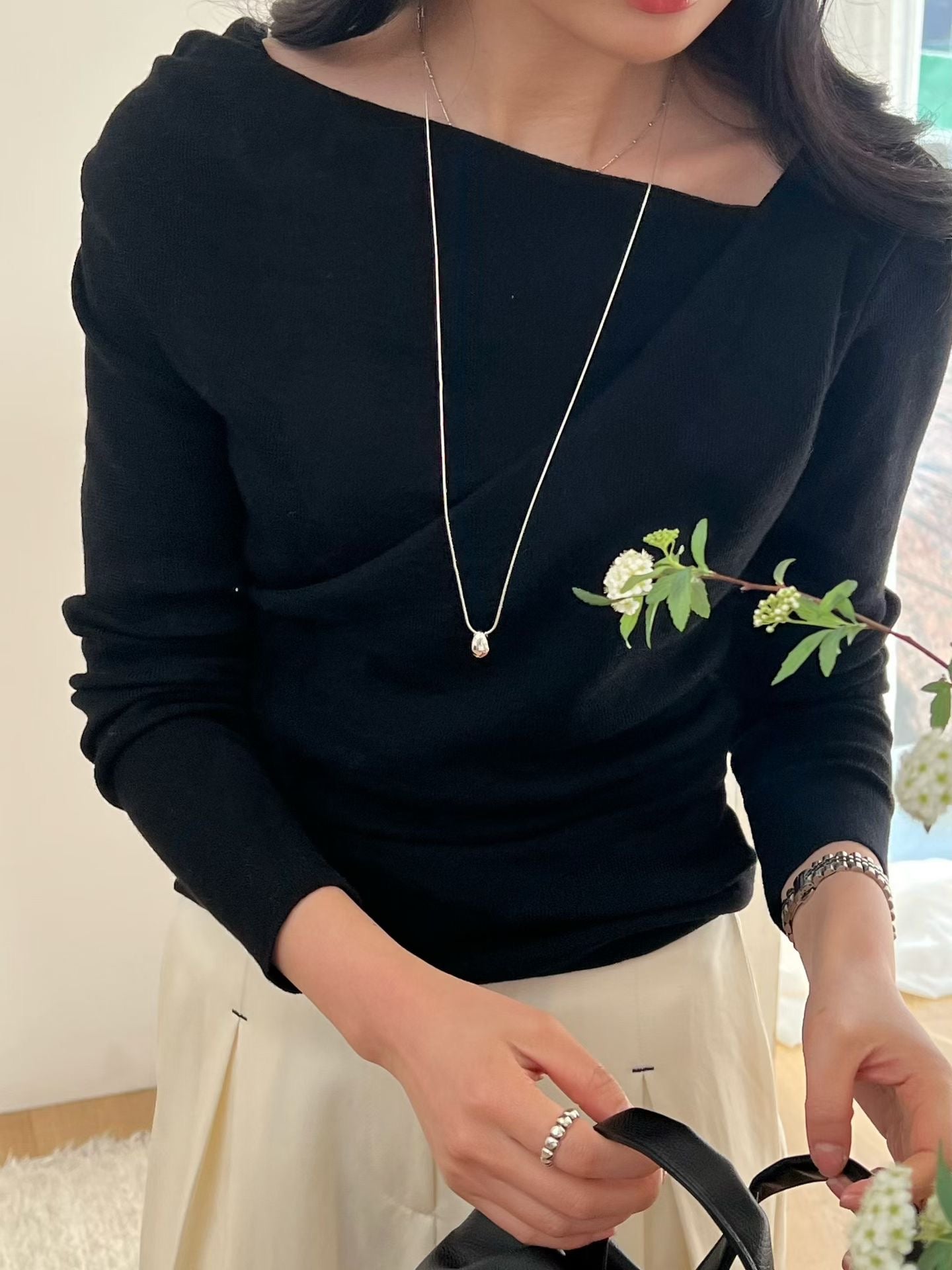 ♡斜肩修身抓皺設計感長袖上衣♡ (C260413)
