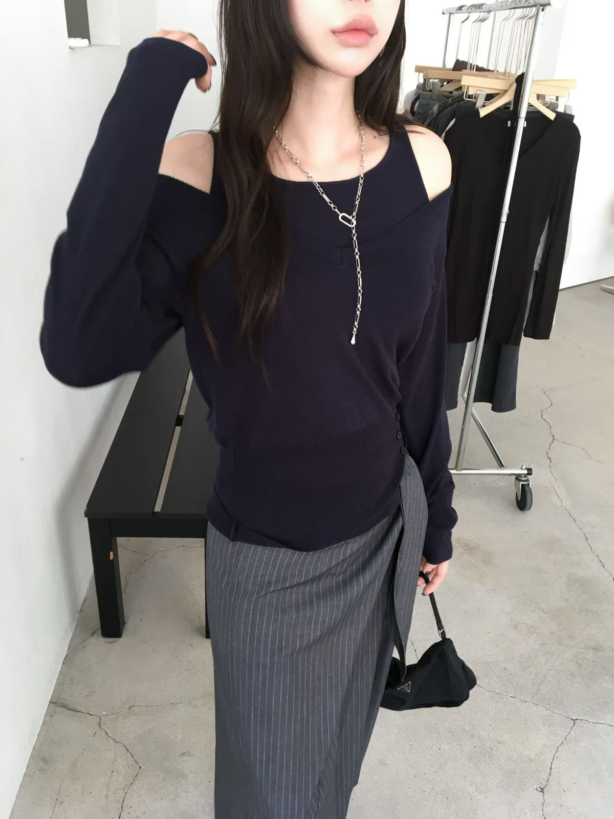 ♡掛脖假兩件側釦修身上衣♡ (C261040)